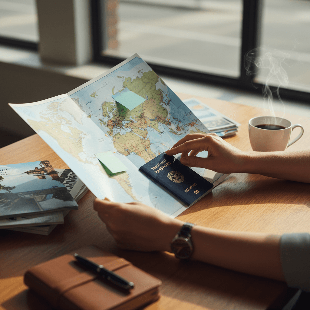 Travel agent's hands pointing to world map while reviewing passport and travel documents at desk with coffee and brochures Travel agent's hands pointing to world map while reviewing passport and travel documents at desk with coffee and brochures